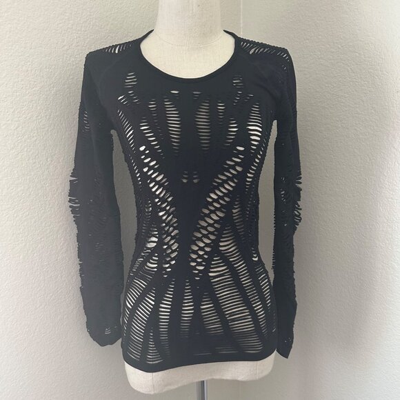 Alo Wandered Stretchy Blouse Cutout Long Sleeve Scoop Neck Lightweight Solid Bla - Picture 2 of 9